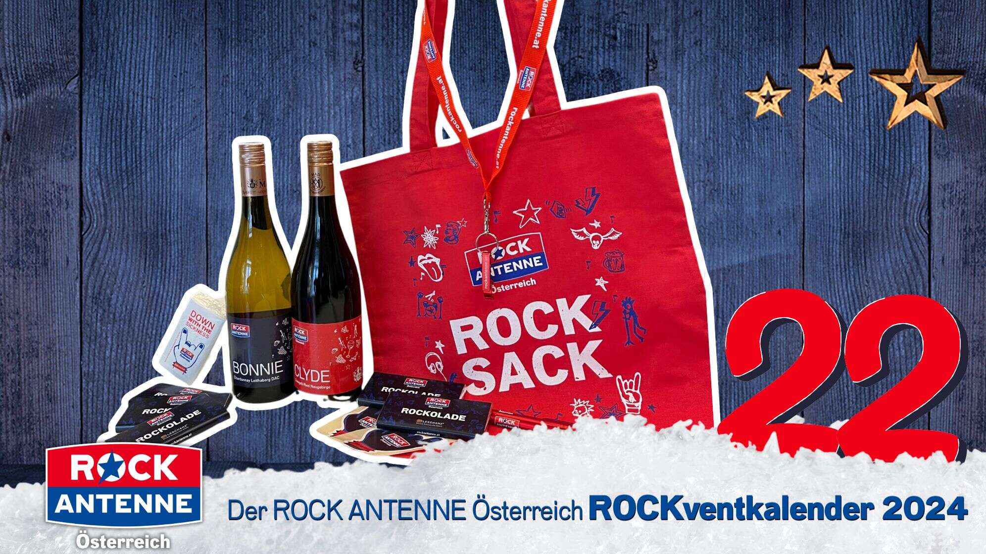 Rockventskalender Türchen 22: ROCK ANTENNE Österreich Merch Paket mit Wein & Rokolade!