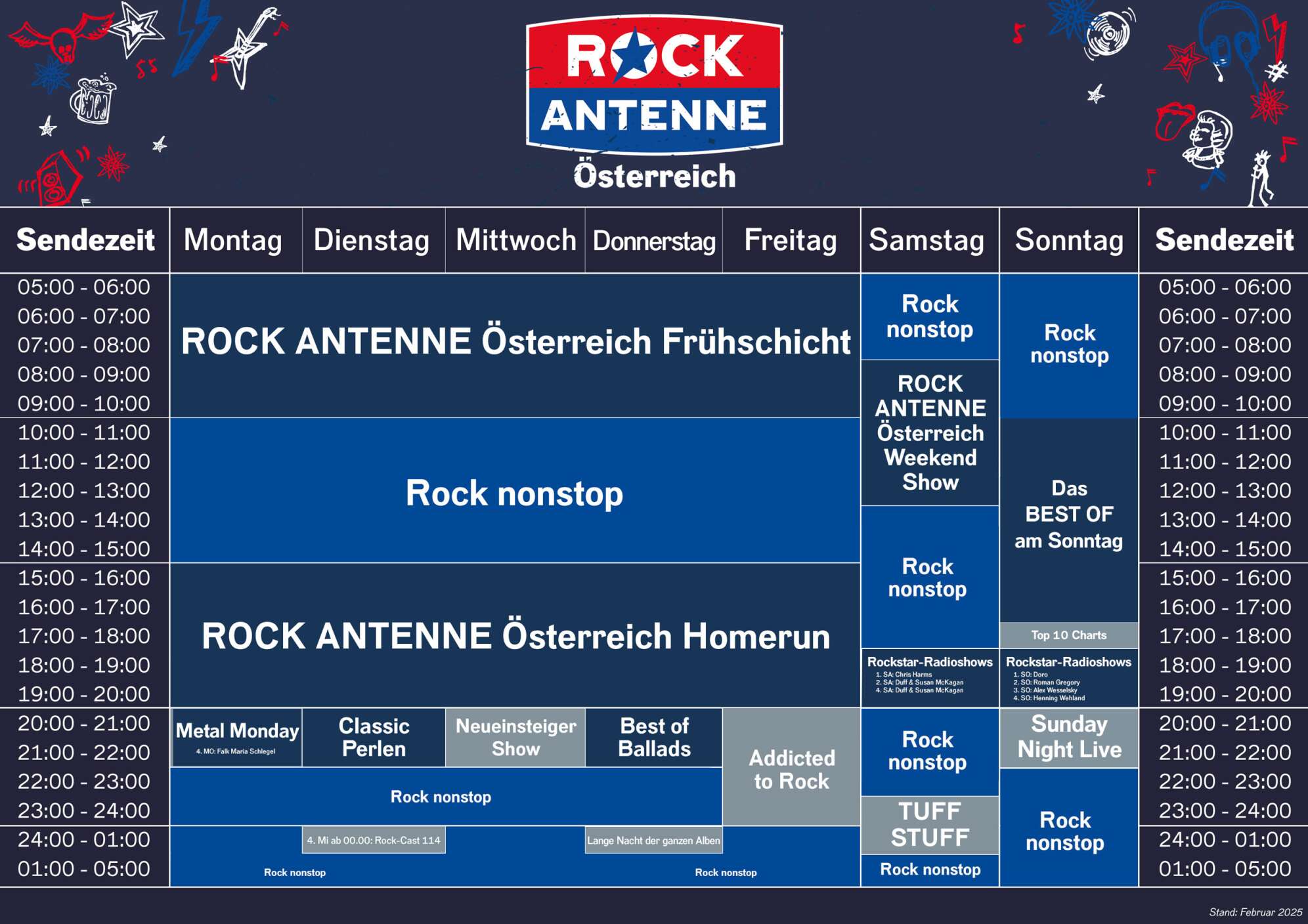 Das Programmschema von ROCK ANTENNE Österreich mit allen Sendungen Montag bis Sonntag