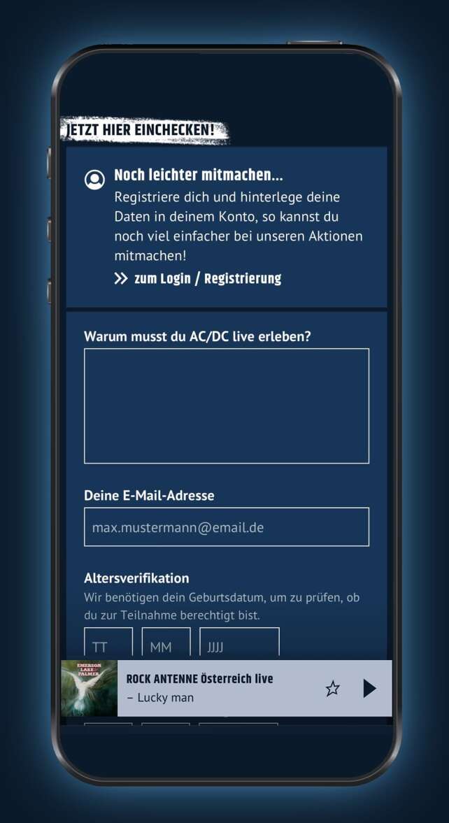 Screenshot der ROCK ANTENNE Österreich App auf der Aktuelles-Seite mit dem Teilnahme-Formular des Mega Konzerte März