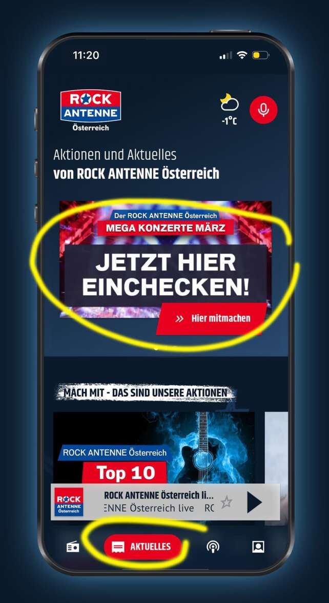 Screenshot der ROCK ANTENNE Österreich App auf der Aktuelles-Seite mit der Aktion - der ROCK ANTENNE Mega Konzerte März - im Fokus