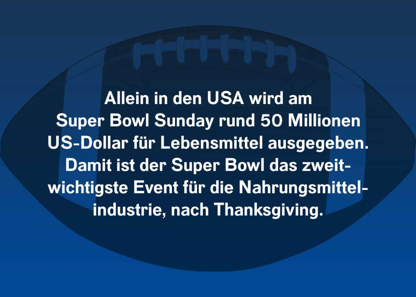 Allein in den USA wird am Super Bowl Sunday rund 50 Millionen US-Dollar für Lebensmittel ausgegeben. Damit ist der Superbowl das zweitwichtigste Event für die Nahrungsmittelindustrie nach Thanksgiving.