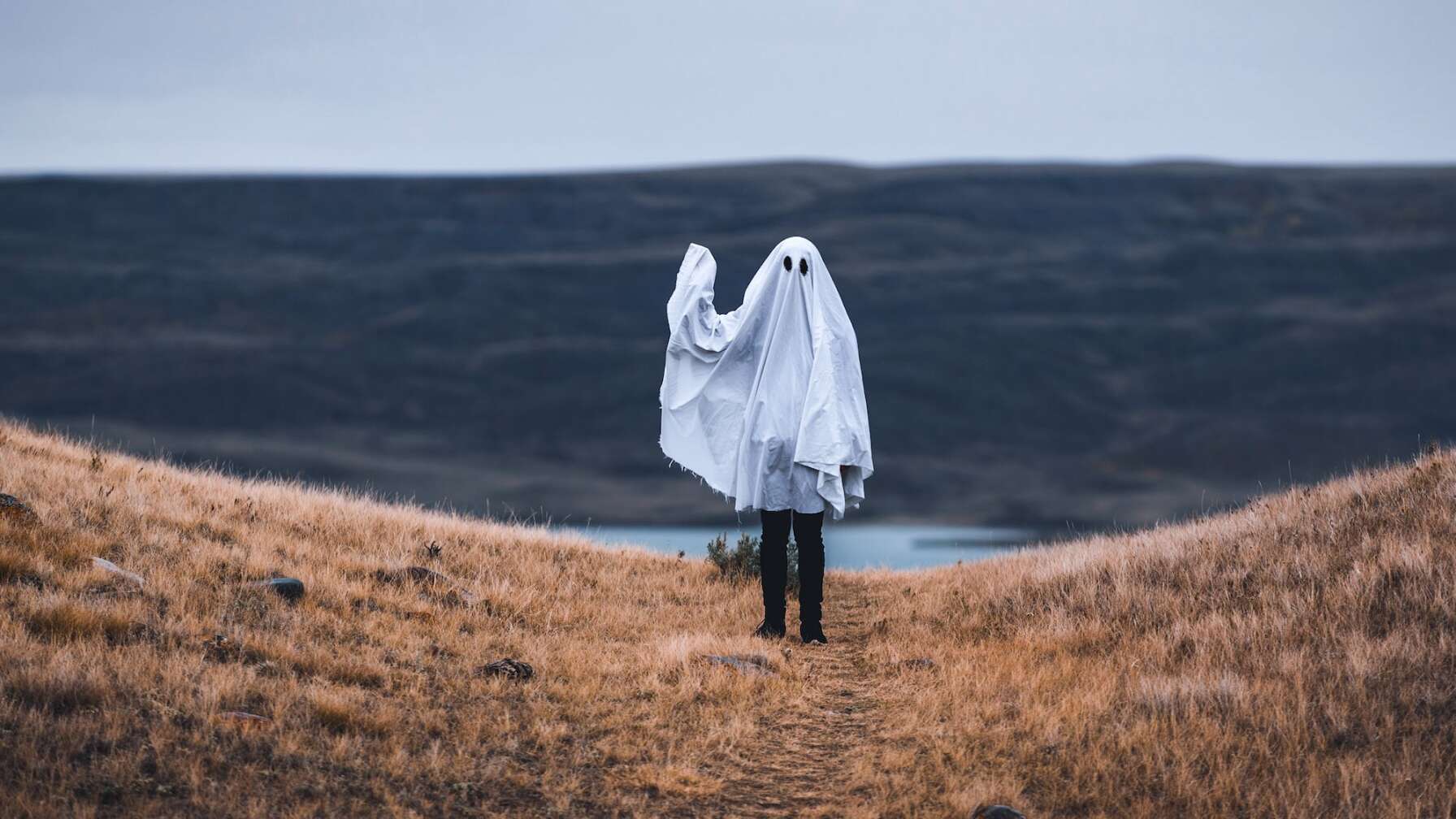 Bild von einem Mensch mit Bettlaken als Geist verkleidet winkend in einem Feld