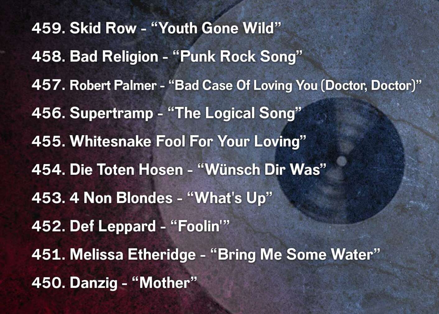 459. Skid Row - “Youth Gone Wild” 458. Bad Religion - “Punk Rock Song” 457. Robert Palmer - “Bad Case Of Loving You (Doctor, Doctor)” 456. Supertramp - “The Logical Song” 455. Whitesnake	Fool For Your Loving” 454. Die Toten Hosen - “Wünsch Dir Was” 453. 4 Non Blondes - “What's Up” 452. Def Leppard - “Foolin'” 451. Melissa Etheridge - “Bring Me Some Water” 450. Danzig - “Mother”