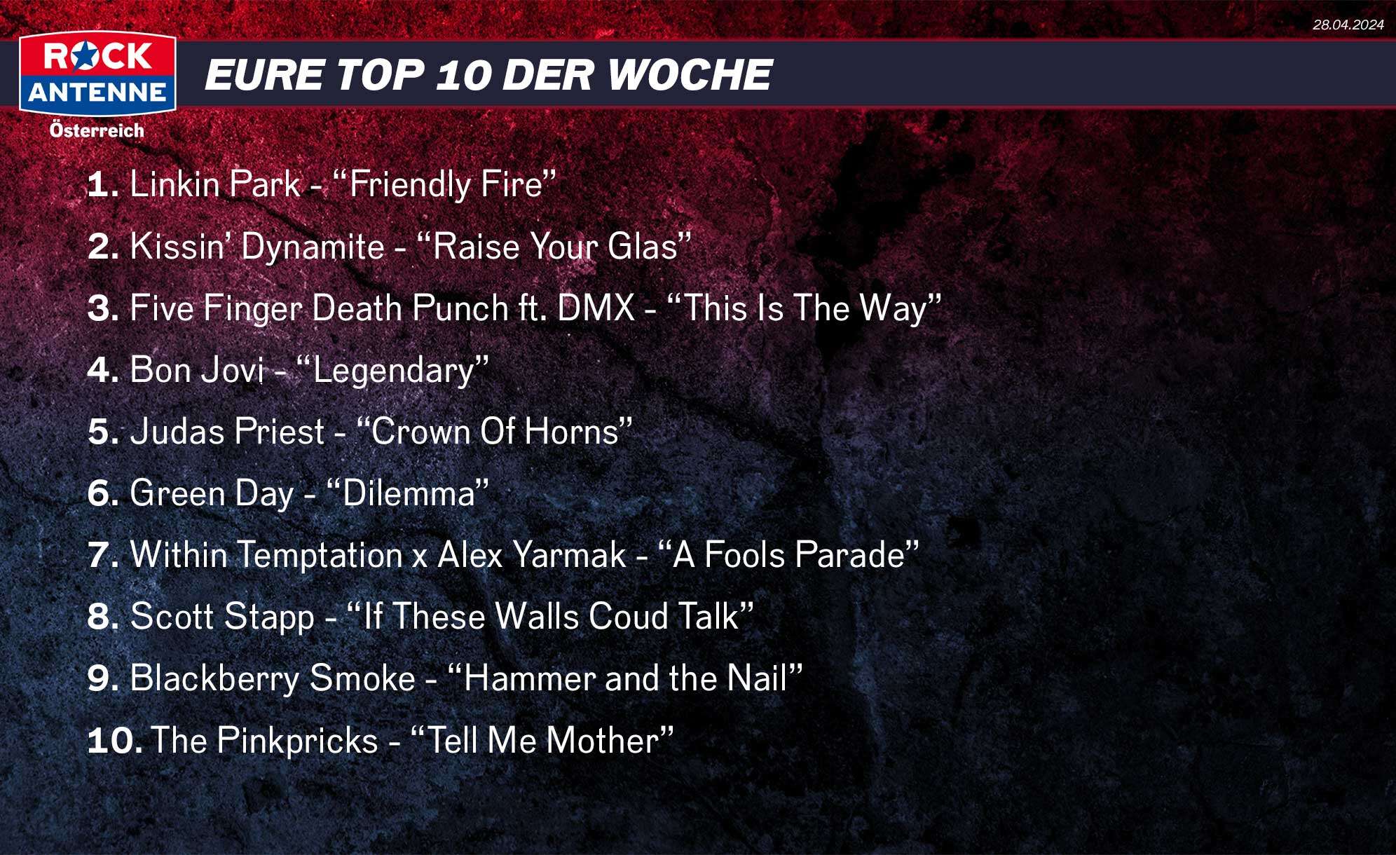 Die Top 10 der Woche vom 27.04.2024: 1. Linkin Park - “Friendly Fire” 2. Kissin’ Dynamite - “Raise Your Glas” 3. Five Finger Death Punch ft. DMX - “This Is The Way” 4. Bon Jovi - “Legendary” 5. Judas Priest - “Crown Of Horns” 6. Green Day - “Dilemma” 7. Within Temptation x Alex Yarmak - “A Fools Parade” 8. Scott Stapp - “If These Walls Coud Talk” 9. Blackberry Smoke - “Hammer and the Nail” 10. The Pinkpricks - “Tell Me Mother”