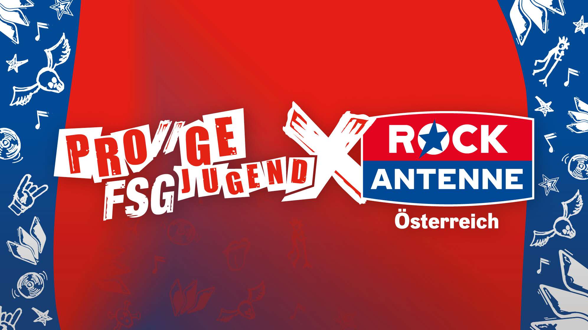 Logos von PRO-GE Jugend und ROCK ANTENNE Österreich vor rotem Hintergrund