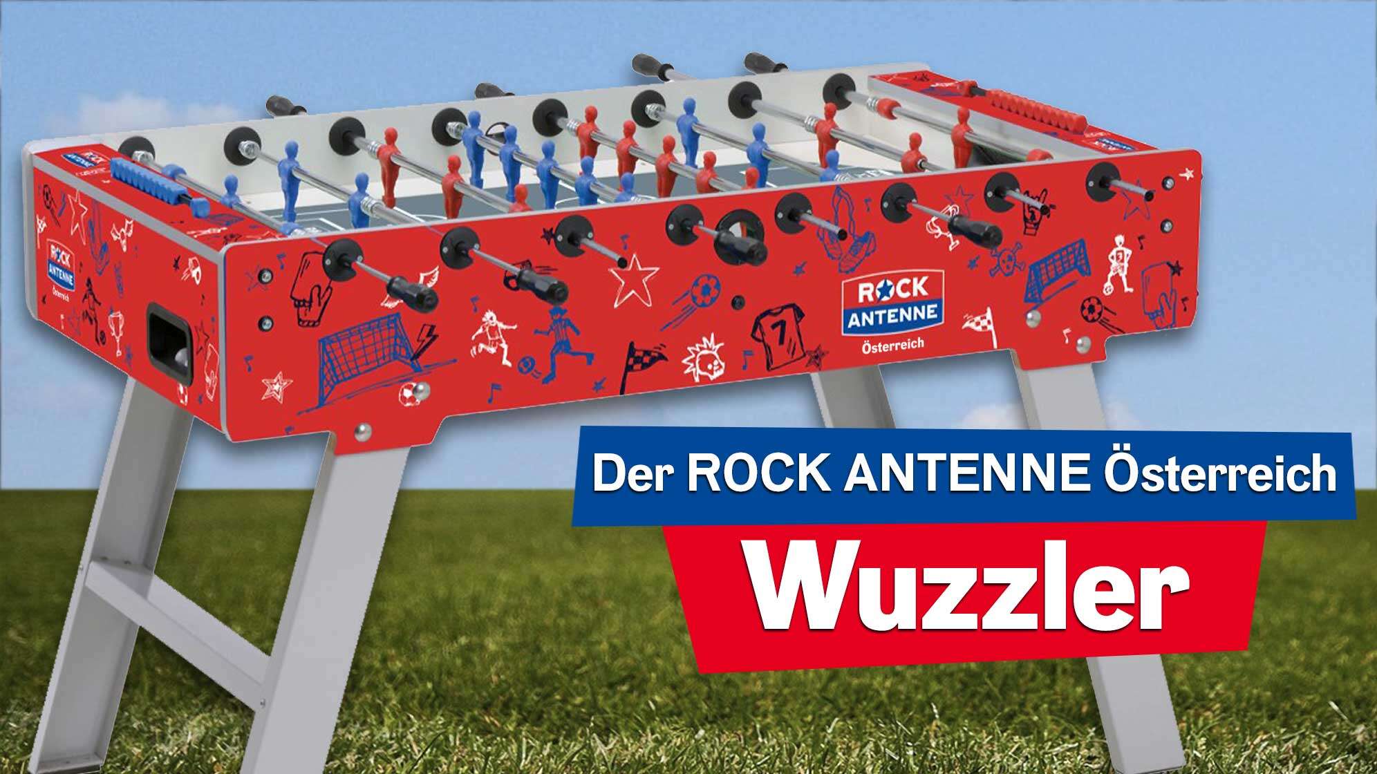 Grafische Darstellung des ROCK ANTENNE Österreich Kickertischs mit ROCK ANTENNE Österreich Scribbles auf dem Layout - dazu der Text: Der ROCK ANTENNE Österreich Kickertisch