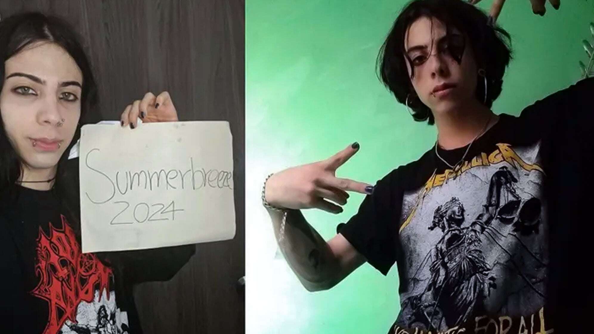 Fotomontage aus 2 Bildern des 22-jährigen Metalfans Francisco aus Kolumbien, einmal mit selbstgemaltem Summerbreeze Schild, einmal mit Metallica TShirt und Victory Zeichen