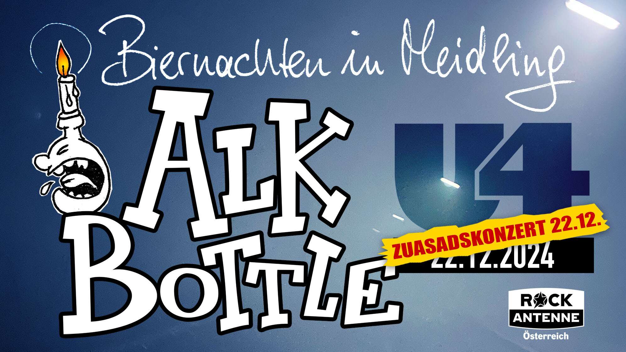 Poster der österreichischen Band Alkbottle von ihrem Biernachten in Meidling Konzert