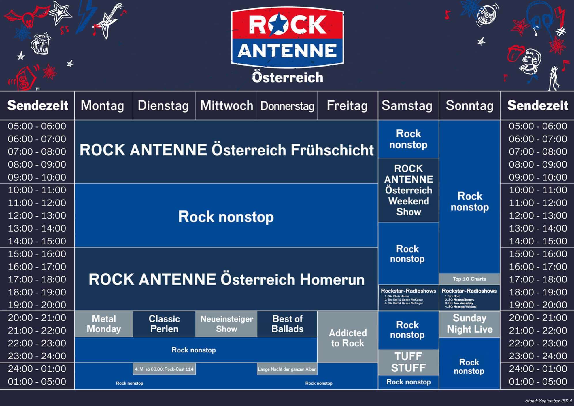 Das Programmschema von ROCK ANTENNE Österreich mit allen Sendungen Montag bis Sonntag