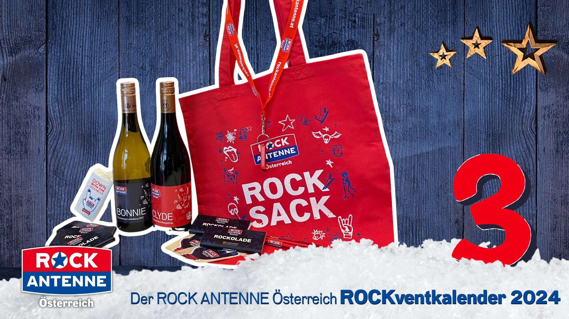 Rockventkalender Türchen Tag 3: Ein ROCK ANTENNE Österreich Merch Paket mit Rockolade und Wein